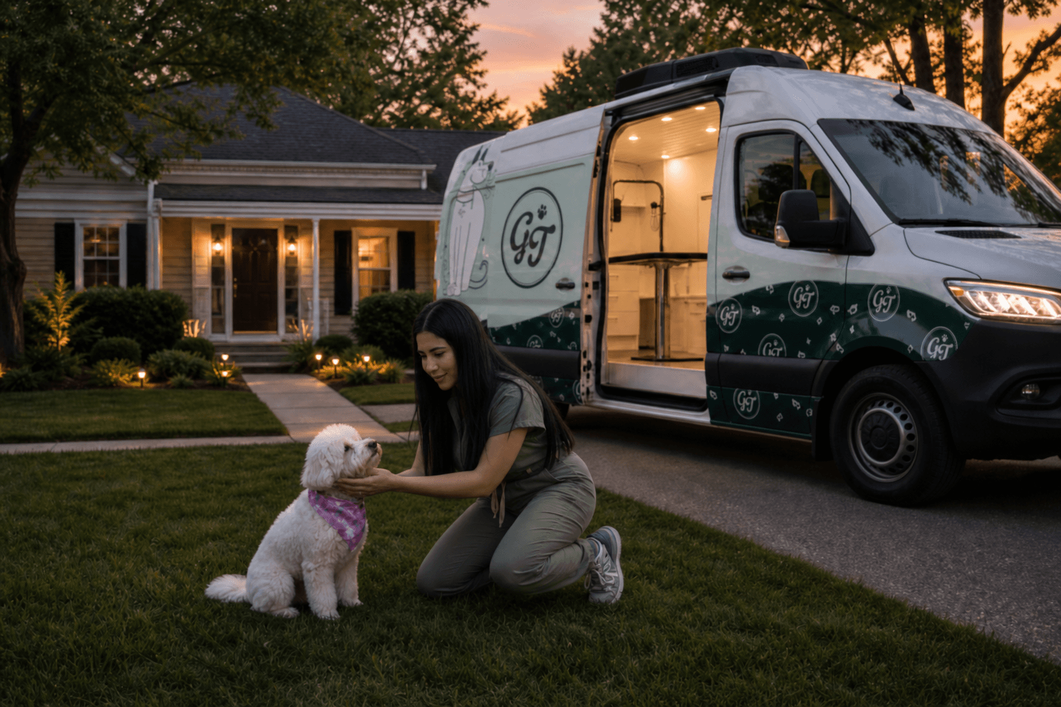 Evening pickup at a suburban home after a private spa session