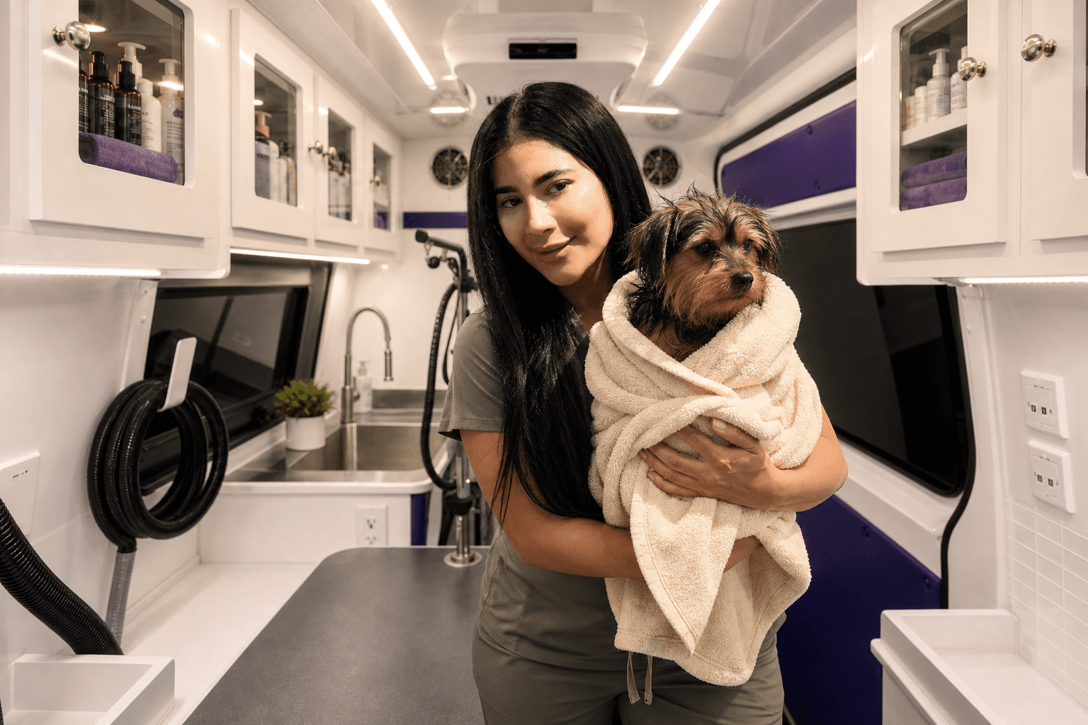 Solmary wrapping a freshly bathed terrier in a warm towel