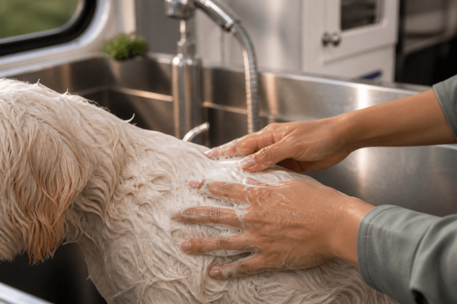 A dog receiving a calm shampoo treatment inside the Grooming Town mobile spa
